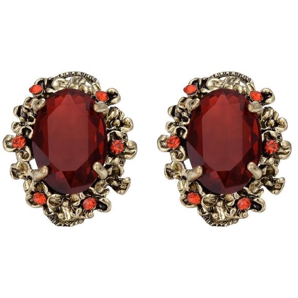 Antique Yellow Gold with Garnet Red Austrian Crystal Cameo Post Stud Earrings